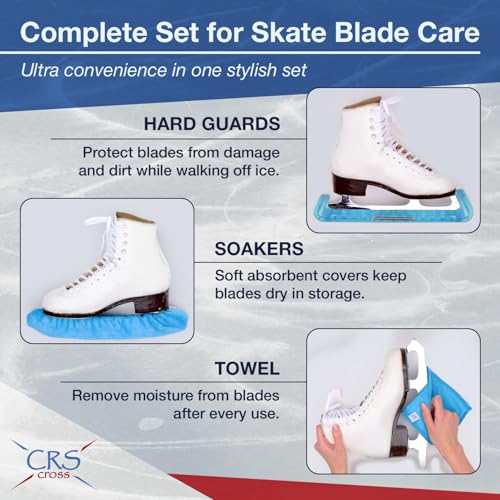 CRS Cross Ice Skate Guards, Soakers and Towel Gift Set. Essential Ice Skating Hard Guard and Soft Skate Blade Cover Accessories for Figure Skating or Hockey (Bracket Blue, Medium) - Image 2
