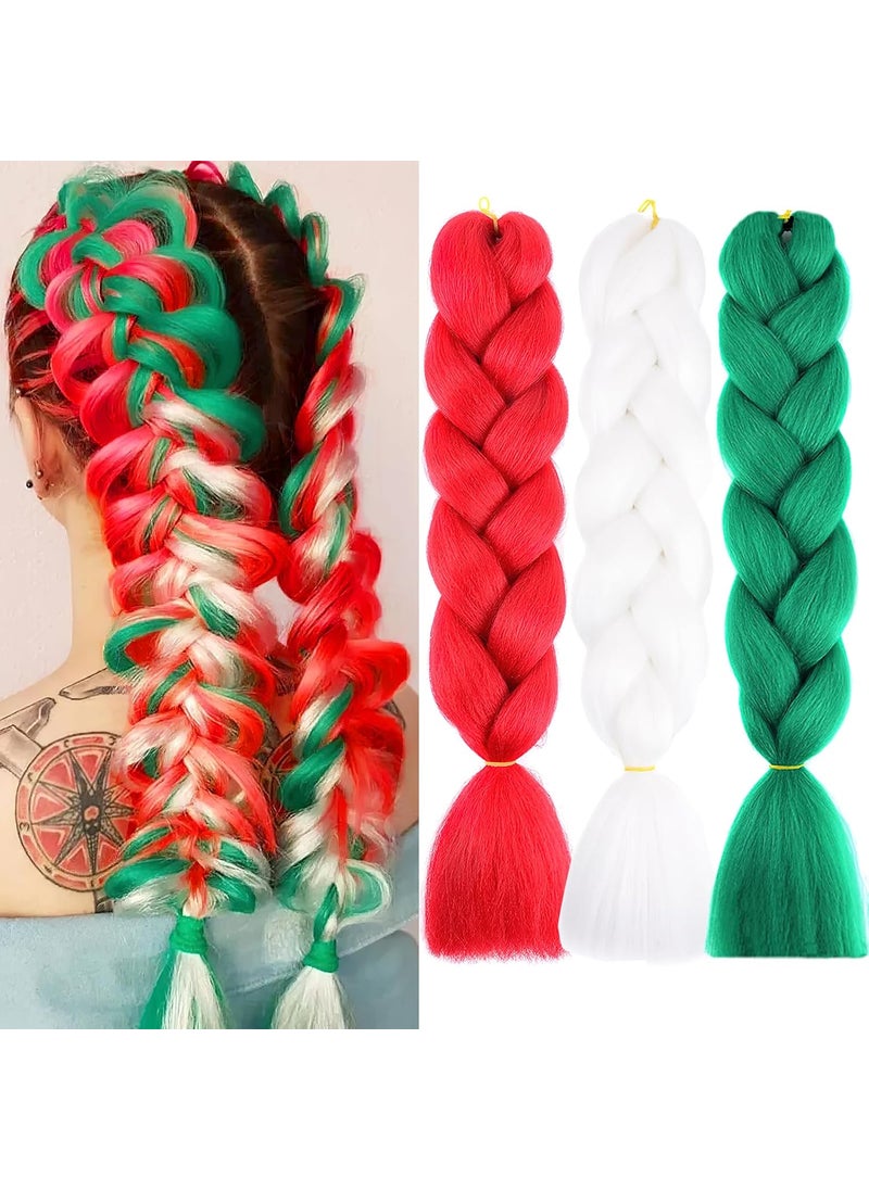 BASEMMAHER Jumbo Braiding Hair Extensions for Women 24 Inch Colored Braid Hair Synthetic Red Green White Braiding Hair Pre Stretched High Temperature Fiber Braids Extensions for Girls braiding 