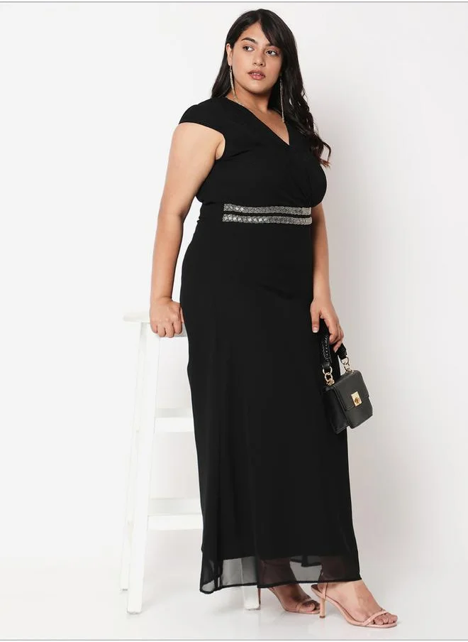 ميش Solid V-Neck Maxi Dress with Embroidered Waist Detail