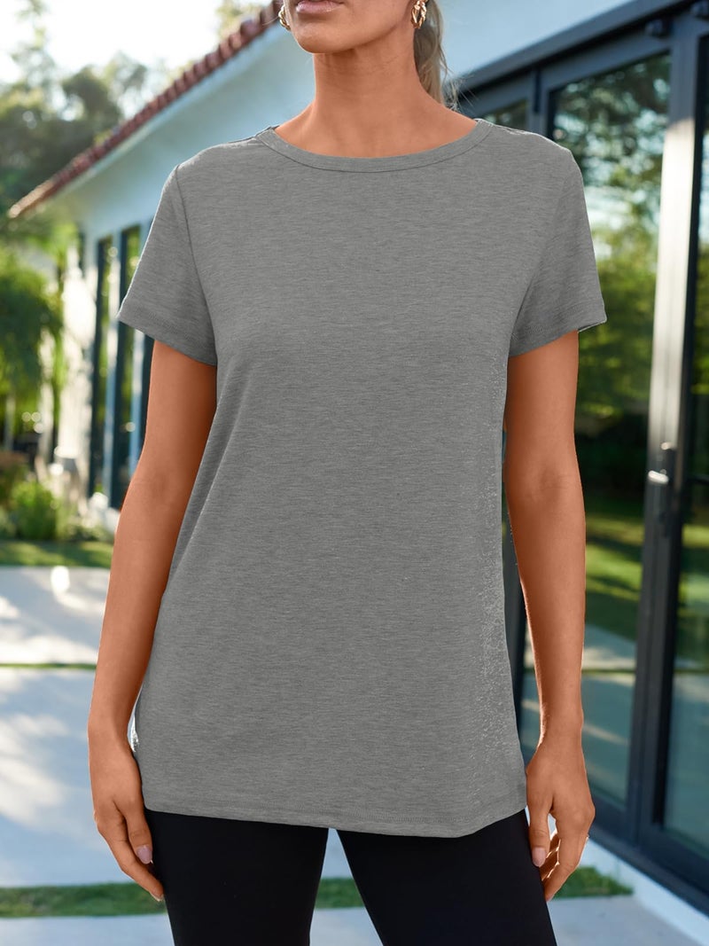 AUTOMET Women's Soft Basic Short Sleeve T-Shirt, Round Neck Tops Summer Casual Tee for Spring Shirts Clothes Everyday Wear 02_Grey L - Image 2