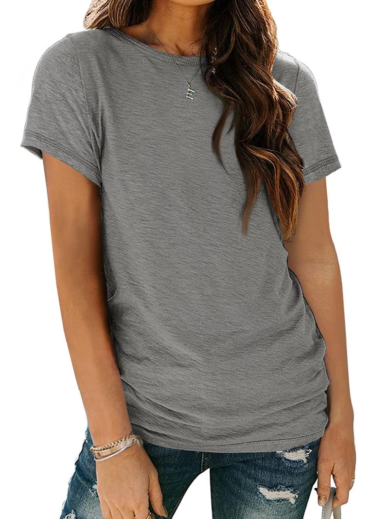 AUTOMET Women's Soft Basic Short Sleeve T-Shirt, Round Neck Tops Summer Casual Tee for Spring Shirts Clothes Everyday Wear 02_Grey L - Image 1