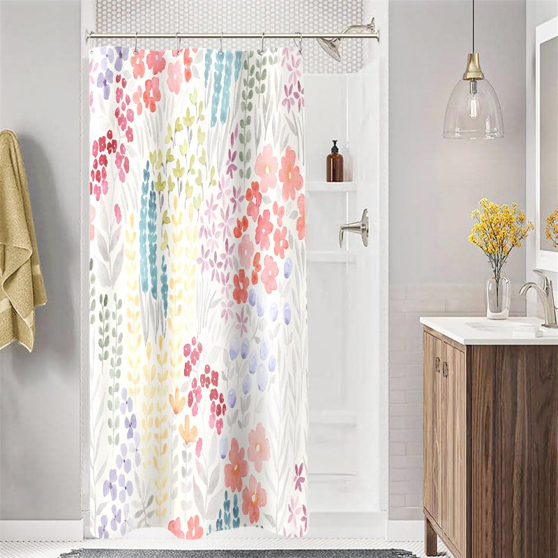 MAYZUS Small Stall Shower Curtain 36 x 72 Inch, Half Narrow Dorm Cute Floral Shower Curtain for Bathroom, Colorful Wildflower Boho Cottagecore Fabric Shower Curtain Set with Hooks, Ivory - Image 1