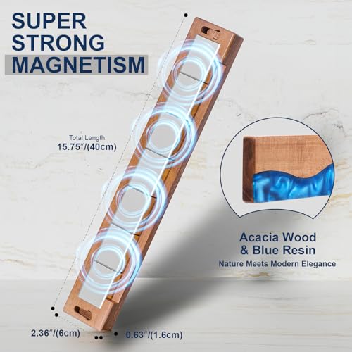 ENOKING 16 Inch Magnetic Knife Holder for Wall, Acacia Wood & Blue Resin Magnetic Knife Strip, Powerful No-Drill Adhesive or Screws Mount, Kitchen Knife Bar Storage Rack ("Ocean" Blue Resin) - Image 4