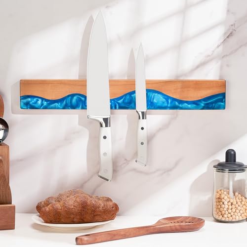 ENOKING 16 Inch Magnetic Knife Holder for Wall, Acacia Wood & Blue Resin Magnetic Knife Strip, Powerful No-Drill Adhesive or Screws Mount, Kitchen Knife Bar Storage Rack ("Ocean" Blue Resin) - Image 3