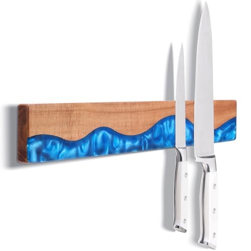 ENOKING 16 Inch Magnetic Knife Holder for Wall, Acacia Wood & Blue Resin Magnetic Knife Strip, Powerful No-Drill Adhesive or Screws Mount, Kitchen Knife Bar Storage Rack ("Ocean" Blue Resin) - Image 1