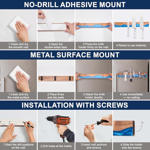 ENOKING 16 Inch Magnetic Knife Holder for Wall, Acacia Wood & Blue Resin Magnetic Knife Strip, Powerful No-Drill Adhesive or Screws Mount, Kitchen Knife Bar Storage Rack ("Ocean" Blue Resin) - Image 5