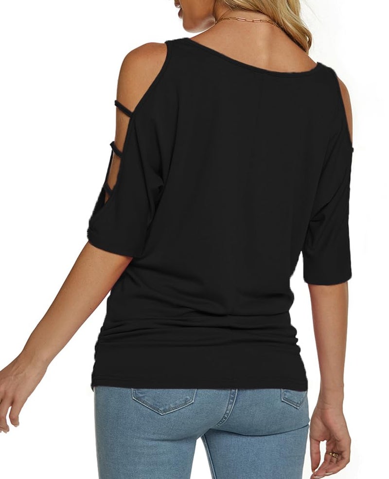 Miselon Women's Summer Cold Shoulder 3/4 Sleeve Tops O-Neck Sexy Dolman Shirts Loose Fit Blouse Black XL - Image 3