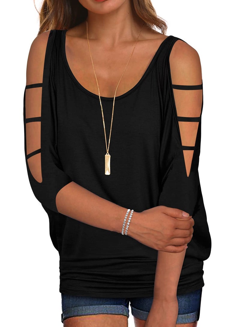 Miselon Women's Summer Cold Shoulder 3/4 Sleeve Tops O-Neck Sexy Dolman Shirts Loose Fit Blouse Black XL - Image 1