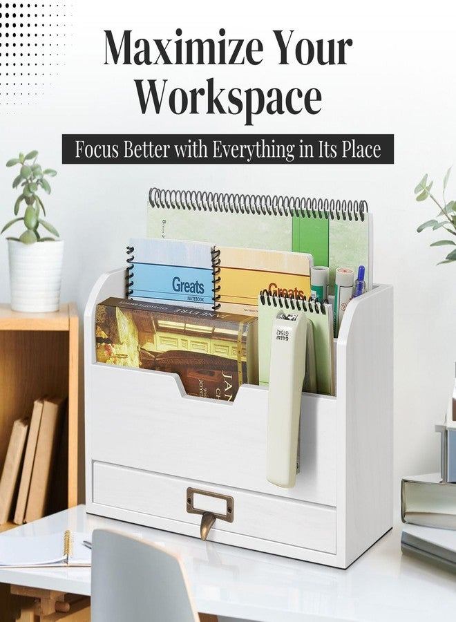 Flexzion 3 Tier Wooden Desk Organizer - Country Rustic Mail Organizer Countertop Compartments Slot File Tray Pencil Sorter Shelf Holder Accessories Set with Storage Drawer for Home Office, Beige Wood - Image 2