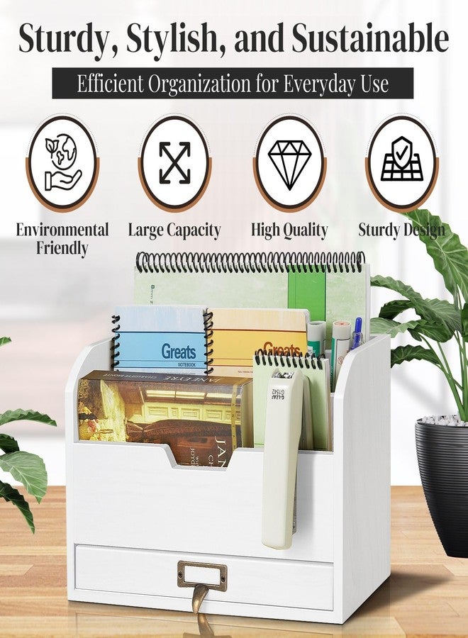 Flexzion 3 Tier Wooden Desk Organizer - Country Rustic Mail Organizer Countertop Compartments Slot File Tray Pencil Sorter Shelf Holder Accessories Set with Storage Drawer for Home Office, Beige Wood - Image 3