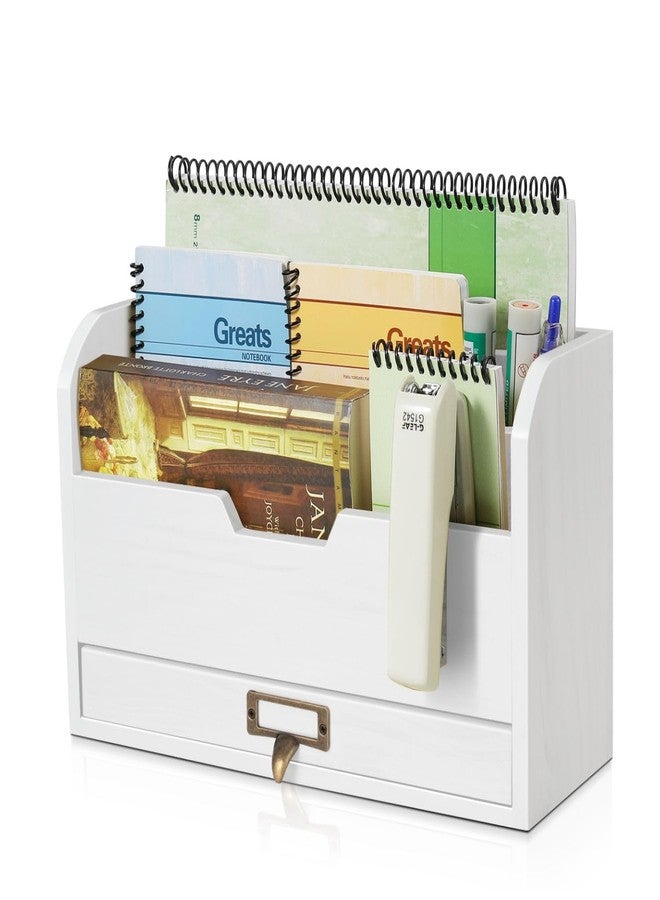 Flexzion 3 Tier Wooden Desk Organizer - Country Rustic Mail Organizer Countertop Compartments Slot File Tray Pencil Sorter Shelf Holder Accessories Set with Storage Drawer for Home Office, Beige Wood - Image 1