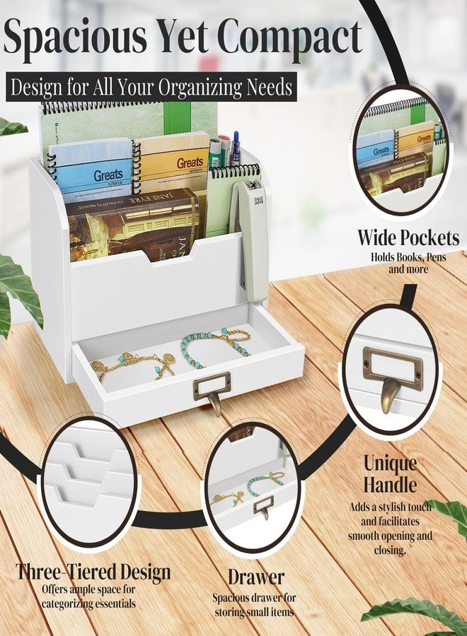 Flexzion 3 Tier Wooden Desk Organizer - Country Rustic Mail Organizer Countertop Compartments Slot File Tray Pencil Sorter Shelf Holder Accessories Set with Storage Drawer for Home Office, Beige Wood - Image 4