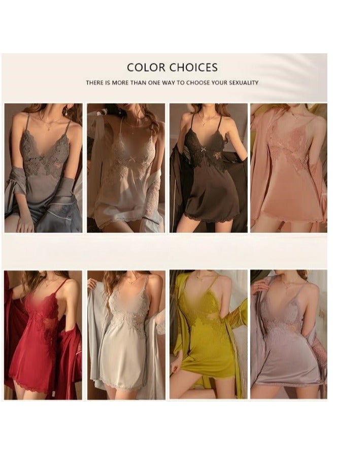 New Satin Lace Chest Cuhion Suspender Nightgown, Women's Lace Up Nightgown, Home Wear Four Piece S - Image 2