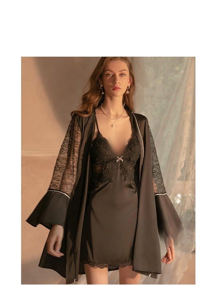 New Satin Lace Chest Cuhion Suspender Nightgown, Women's Lace Up Nightgown, Home Wear Four Piece S - Image 3