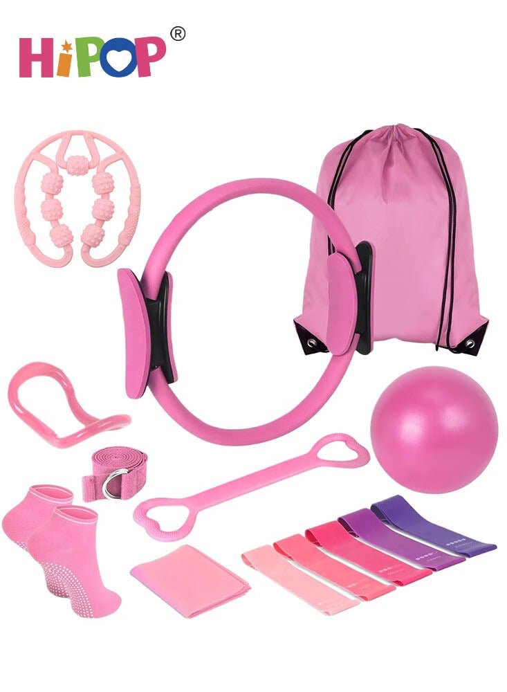 HIPOP Women’s Beginner Pilates Kit 14-Piece Fitness Set with Pilates Ring, Resistance Bands, Mini Exercise Ball, Non-Slip Socks, Strap & Accessories for Full Body Toning, Strength, Flexibility (Pink）