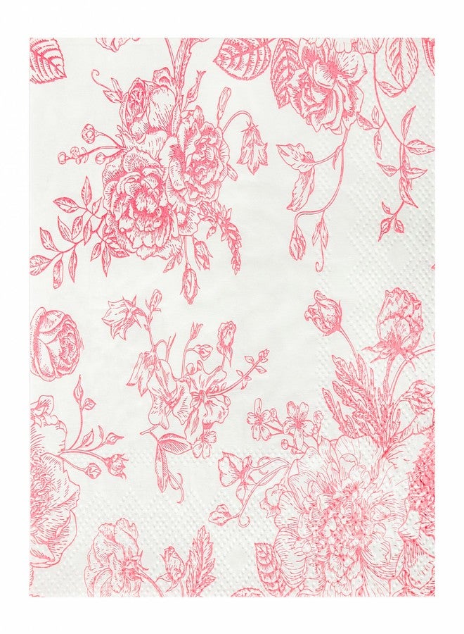 Elyxio 100 Floral Cocktail Napkins Pink and White Toile Paper Napkins 5” Vintage Pink Flower Bouquet Disposable Hand Towels for Bridal Baby Shower Christmas Tea Party Supplies - Image 1