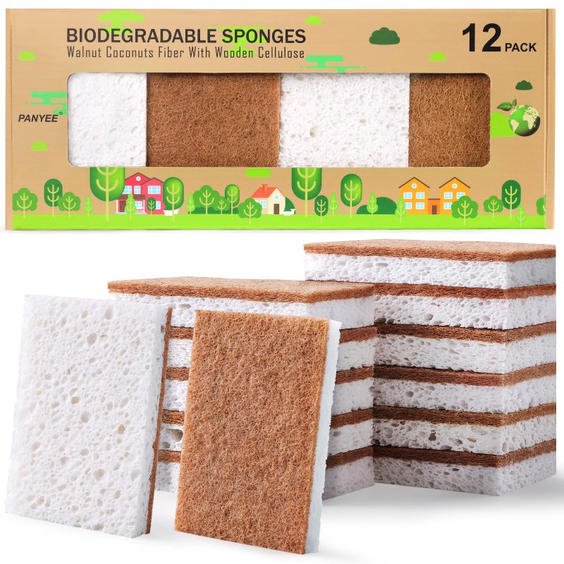 PANYEE Biodegradable Natural Kitchen SpongeEco Friendly Sponges for DishesCompostable Cellulose Sponge with Natural Plant Based Coconut Walnut Sustainable Scrubber Sponge Pack of 12