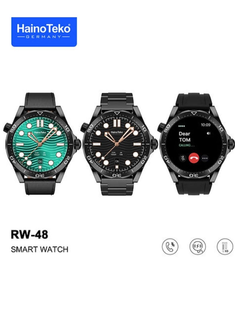 Haino Teko RW48 Smart Watch With Round Shape AMOLED Display and 3 Pairs Straps and Wireless Charger For Gents Black - Image 1