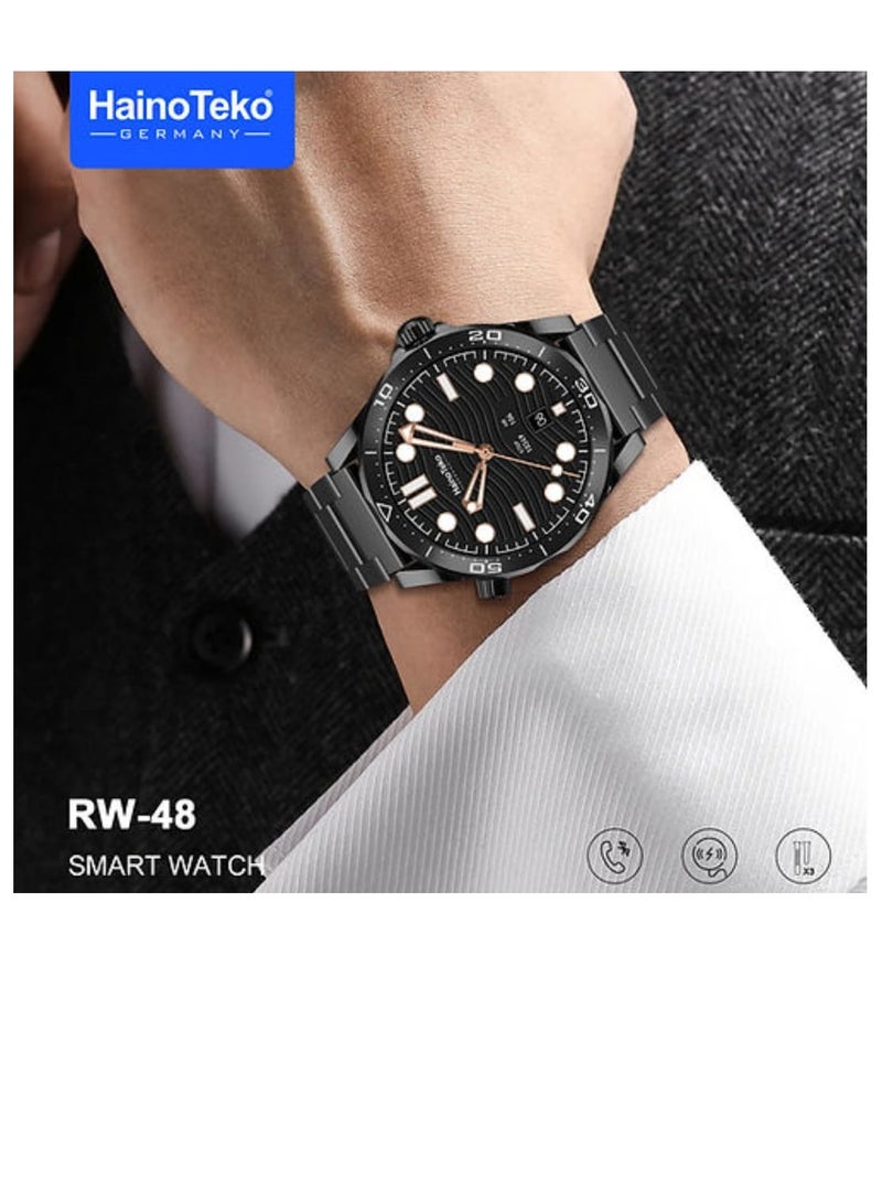 Haino Teko RW48 Smart Watch With Round Shape AMOLED Display and 3 Pairs Straps and Wireless Charger For Gents Black - Image 2