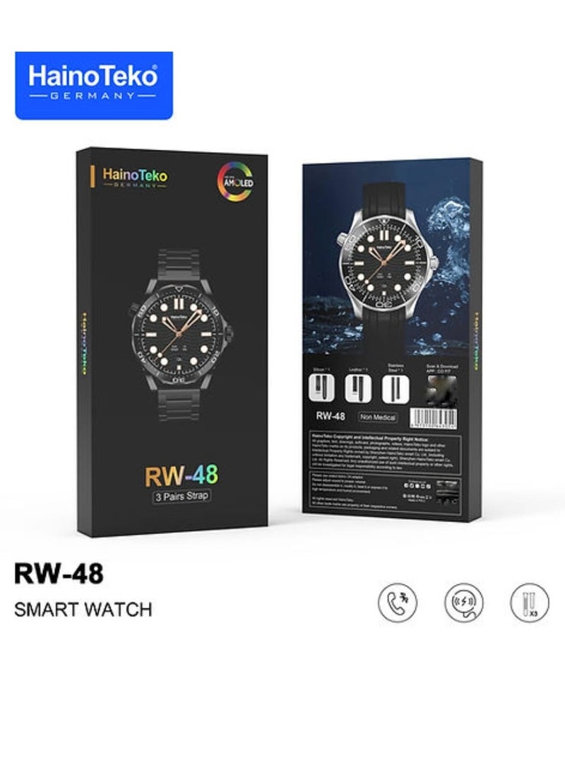 Haino Teko RW48 Smart Watch With Round Shape AMOLED Display and 3 Pairs Straps and Wireless Charger For Gents Black - Image 3