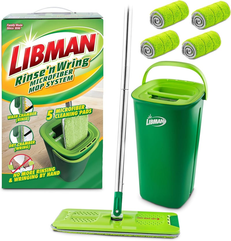 ليبمان كوميرشال نظام ممسحة ودلو Libman Rinse 'n Wring | ممسحة أرضية من الألياف الدقيقة | منظف أرضيات خشبية | ممسحة رطبة وجافة | حجرات مياه نظيفة ومتسخة | شفرات قوية | 5 وسادات من الألياف الدقيقة إجمالاً - Image 1