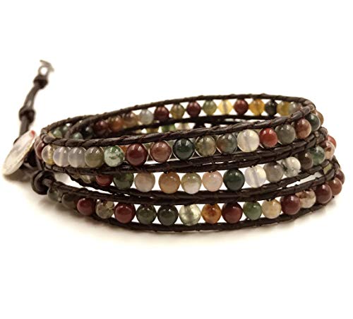 BLUEYES COLLECTION "Hot Mix Color India Agate Stainless Steel Snap Button Lock Genuine Leather Bracelet - Image 5
