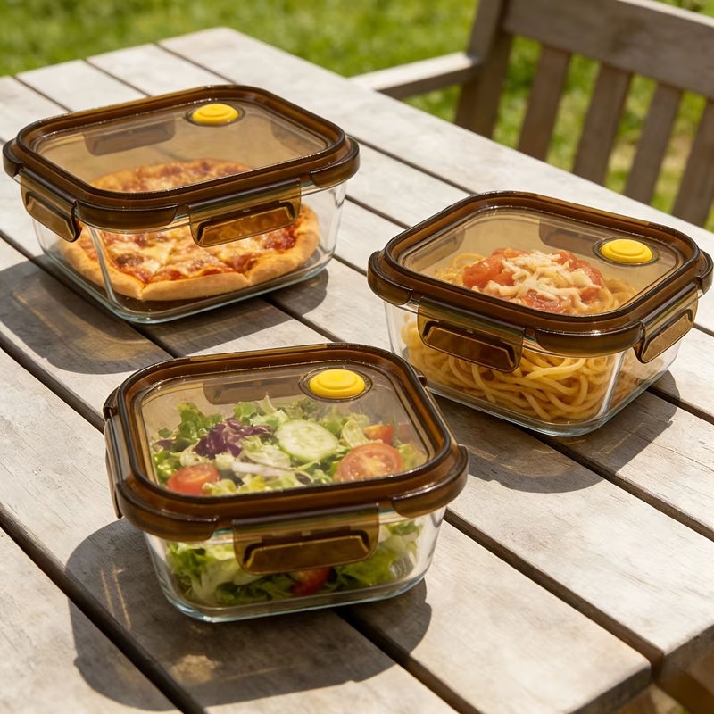 Brown Square Glass 4 Pcs 16.91oz Kitchen Storage Containers - Image 4