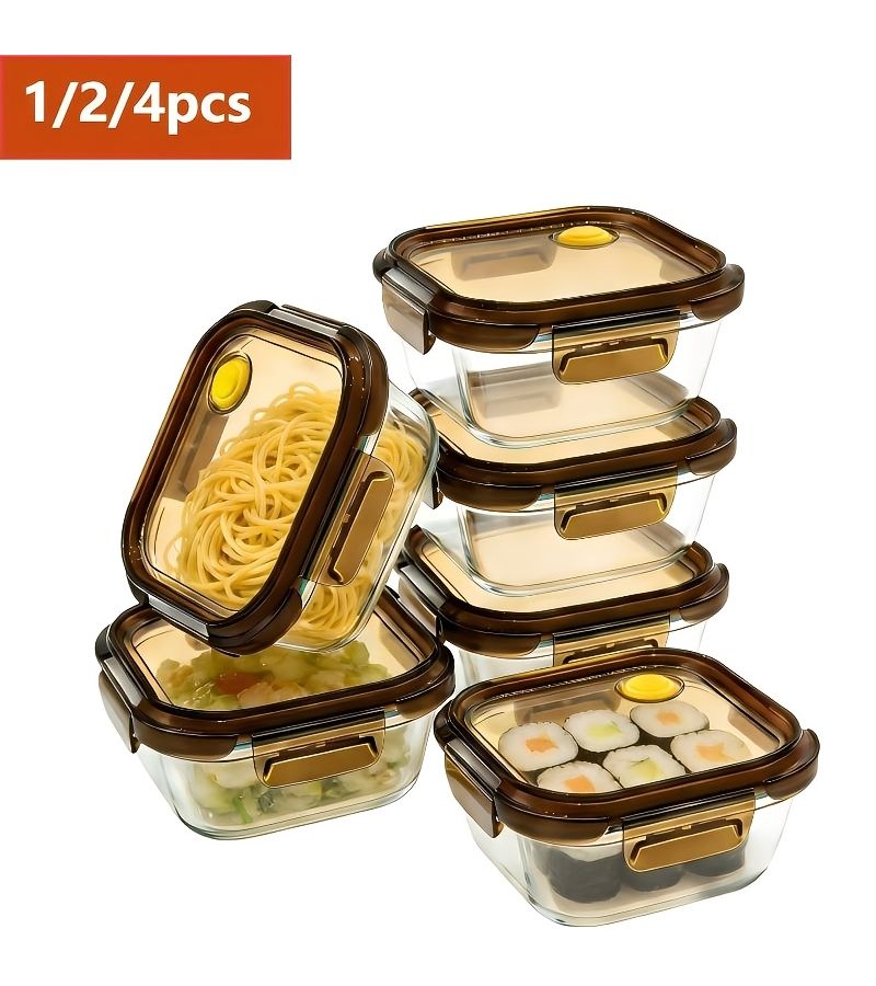 Brown Square Glass 4 Pcs 16.91oz Kitchen Storage Containers - Image 1