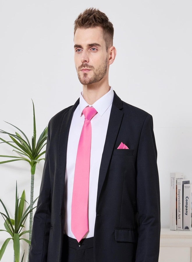 PenSee Men's Tie Set Solid Pure Color 3.15" (8CM) Classic Formal Plain Necktie and Pocket Square Set For Men, 008-pink, M - Image 2