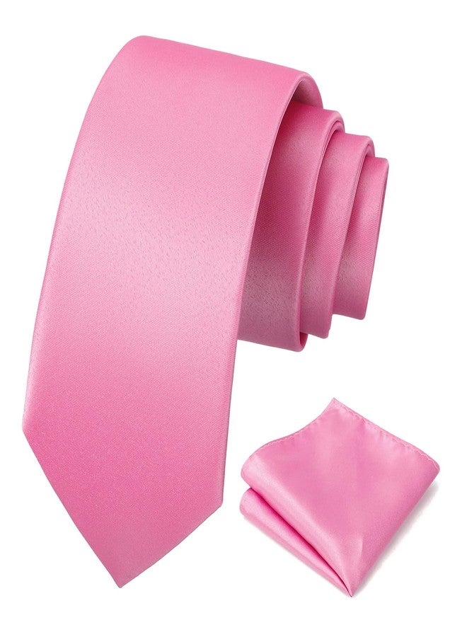 PenSee Men's Tie Set Solid Pure Color 3.15" (8CM) Classic Formal Plain Necktie and Pocket Square Set For Men, 008-pink, M - Image 1