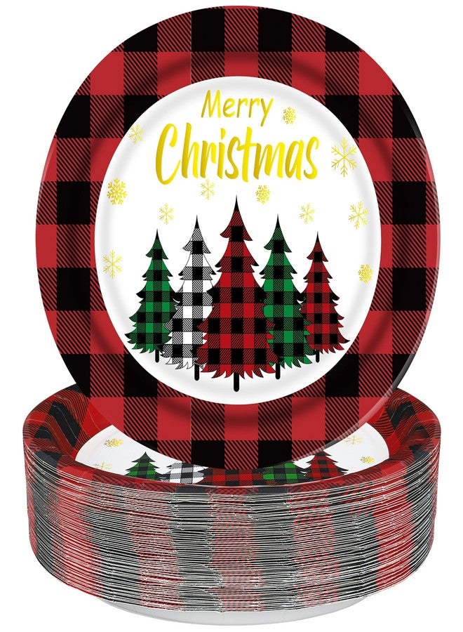Augisteen Christmas Paper Platters Disposable Christmas Trees Oval Party Plates 10" x 12" Large Buffalo Plaid Xmas Dinner Serving Platters for Xmas Party Supplies Dinnerware Table Decorations, 50 Pcs - Image 1
