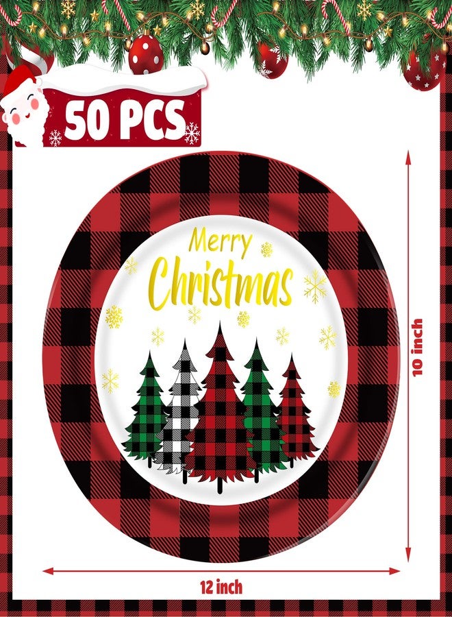 Augisteen Christmas Paper Platters Disposable Christmas Trees Oval Party Plates 10" x 12" Large Buffalo Plaid Xmas Dinner Serving Platters for Xmas Party Supplies Dinnerware Table Decorations, 50 Pcs - Image 2