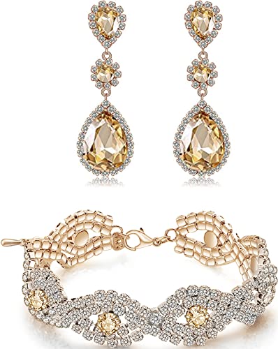 Paxuan Bridal Wedding Jewelry Set - Crystal Rhinestone Earrings & Bracelets (Champagne - Set) - Image 1