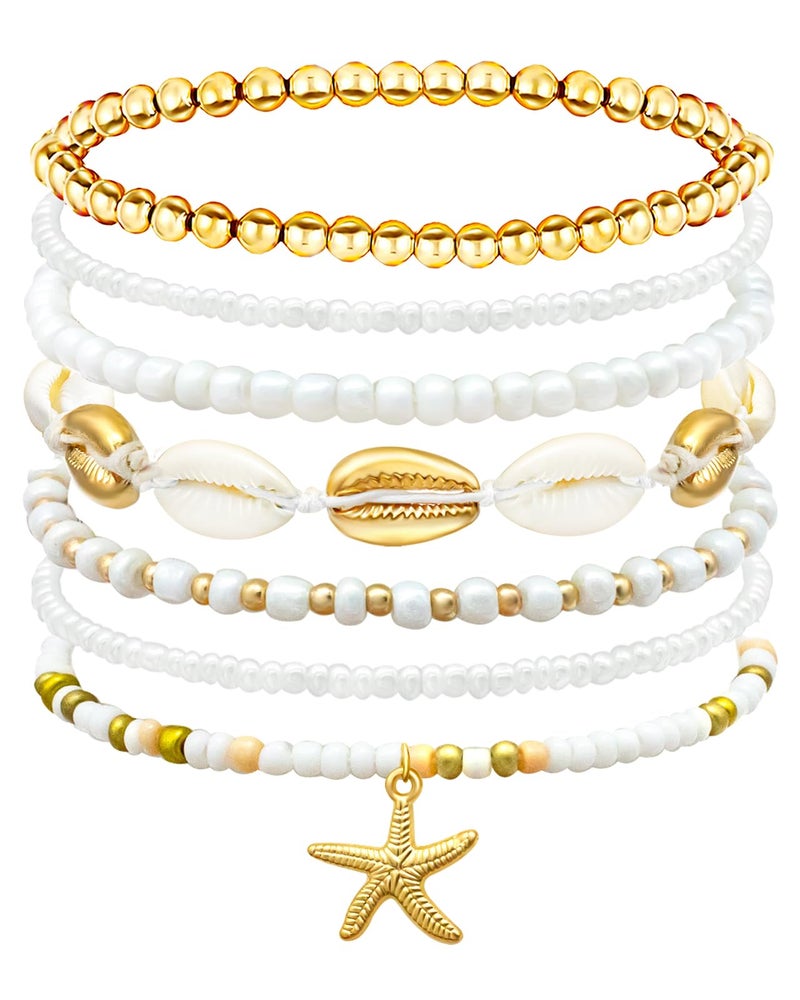Palotay Summer Beach Bracelets Bohomian Seashell Starfish Bracelet Handmade Braided Shell Beaded Bracelets Set Stretch Waterproof Surfer Bracelet for Women Vacation Jewelry Tropical Gold - Image 1