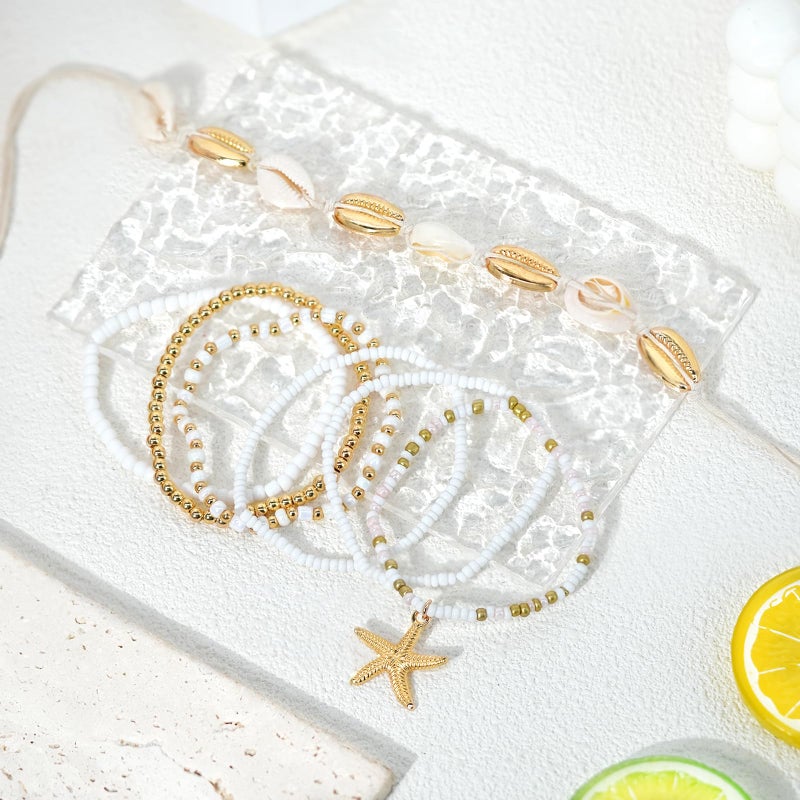 Palotay Summer Beach Bracelets Bohomian Seashell Starfish Bracelet Handmade Braided Shell Beaded Bracelets Set Stretch Waterproof Surfer Bracelet for Women Vacation Jewelry Tropical Gold - Image 4