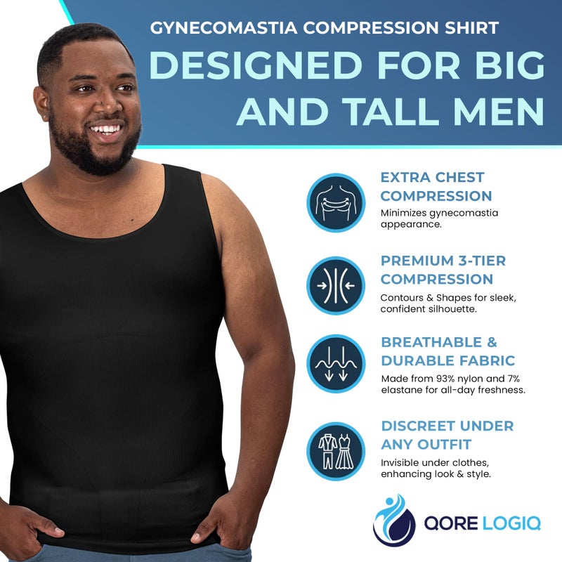 QORE LOGIQ Gynecomastia Compression Shirts for Men - Sleeveless Slimming Undershirts Tummy Control and Body Shaper Tank Top Black 2XLT (Tall Fit) - Image 3