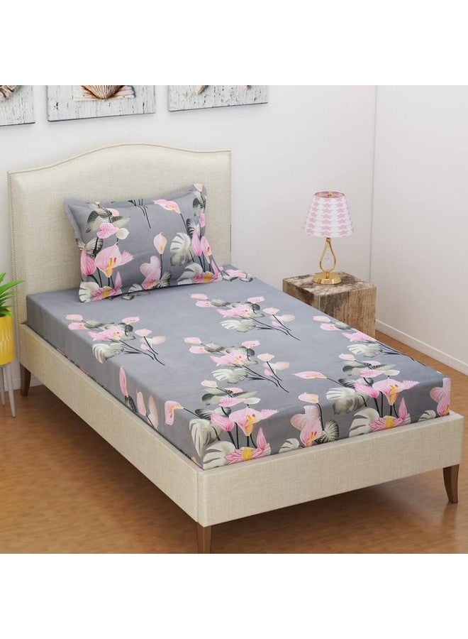 BSB HOME BSB HOME Premium Cotton Feel Single Bedsheet with One Pillow Cover for Coat/Diwan/ 4x6 Bed 180 Tc (152 x 228 cm, Grey & Pink Flower)  - Image 1
