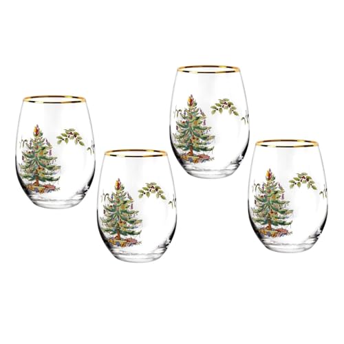Spode Christmas Tree 19oz Stemless Wine Glasses Set of 4 VintageInspired Holiday Drinkware with Cozy Seasonal Charm Ideal for Mulled Wine at Festive Gatherings Holiday Entertaining