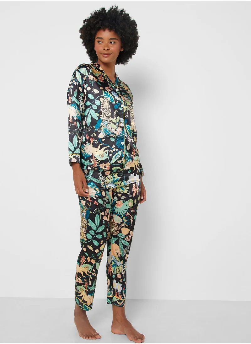 جينجر Printed Satin Shirt & Pyjama Set