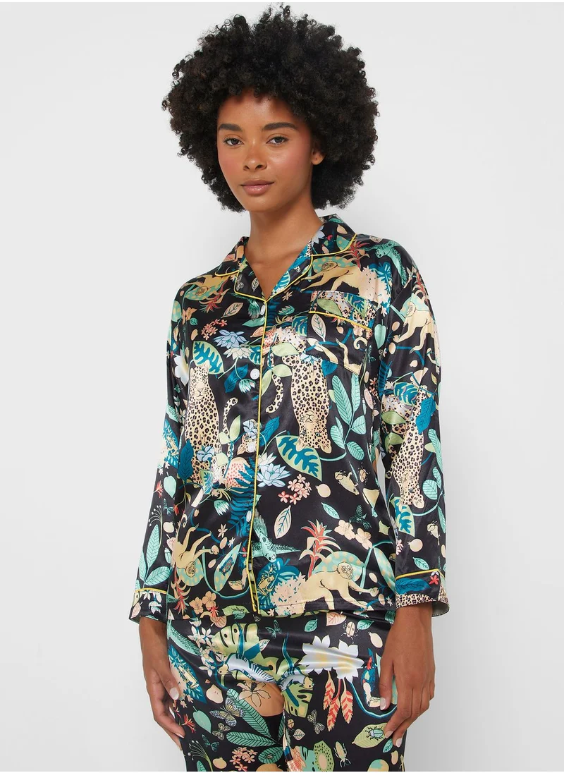 جينجر Printed Satin Shirt & Pyjama Set