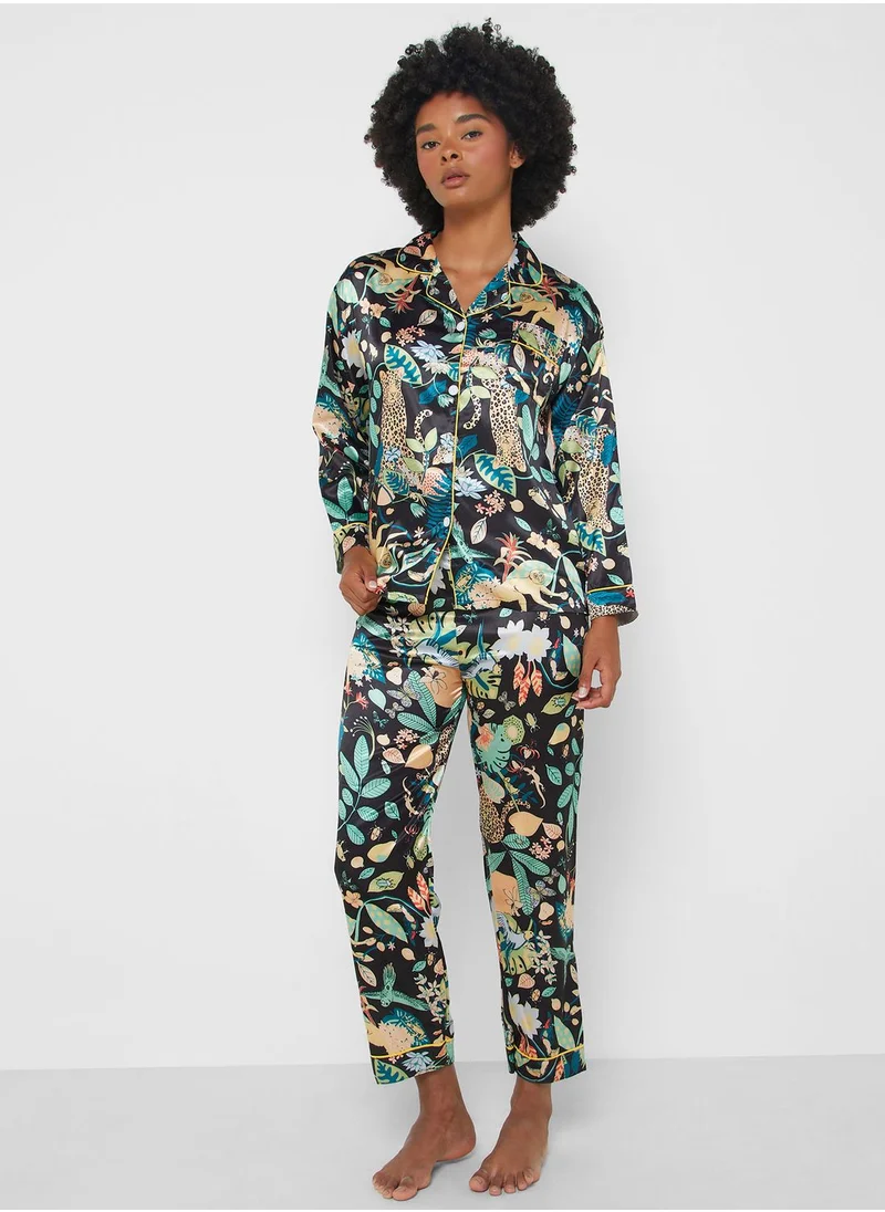 جينجر Printed Satin Shirt & Pyjama Set