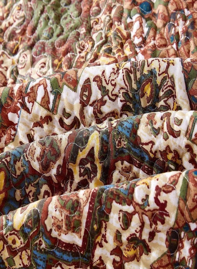 DaDa Bedding Earthy Cross Motif Folk Bedspread - Cozy Arabian Moroccan Ogee Rustic Antique Style Quilted Coverlet Set - Scalloped Warm Tones All Season Burnt Orange Brown Olive Green - Queen 3-Pieces - Image 4