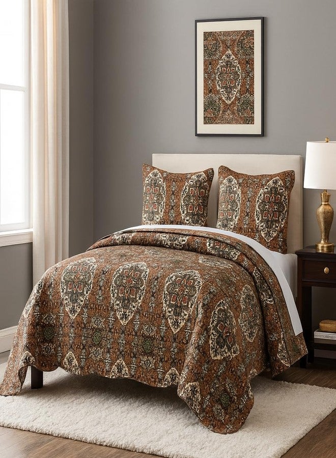 DaDa Bedding Earthy Cross Motif Folk Bedspread - Cozy Arabian Moroccan Ogee Rustic Antique Style Quilted Coverlet Set - Scalloped Warm Tones All Season Burnt Orange Brown Olive Green - Queen 3-Pieces - Image 1