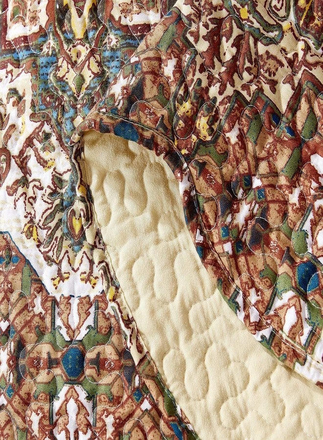 DaDa Bedding Earthy Cross Motif Folk Bedspread - Cozy Arabian Moroccan Ogee Rustic Antique Style Quilted Coverlet Set - Scalloped Warm Tones All Season Burnt Orange Brown Olive Green - Queen 3-Pieces - Image 5