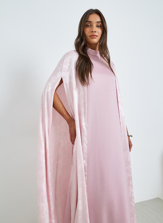 Amirah Pink Jacquard Abaya with Satin Inner Dress Set - Image 2