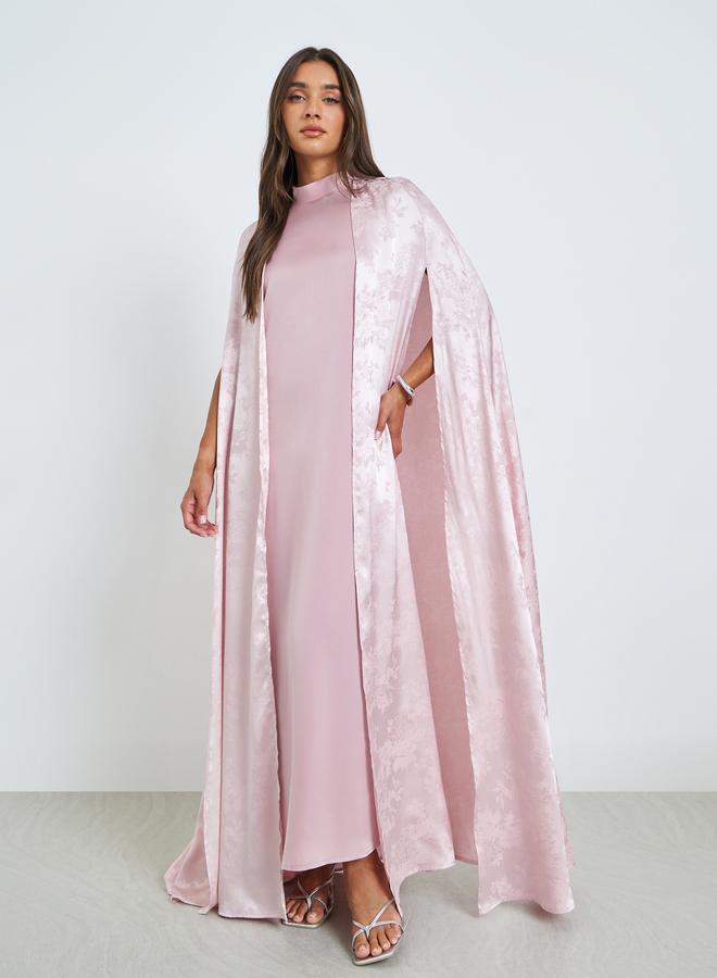 Amirah Pink Jacquard Abaya with Satin Inner Dress Set - Image 1