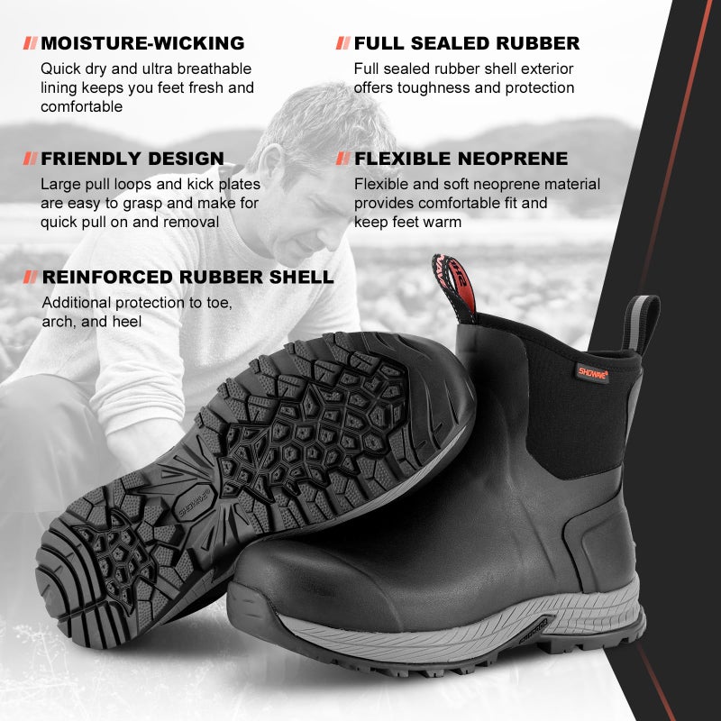 Showave Men's Rain Boots Waterproof Excursion Rubber Boots Insulated Mud Booties for Trekking Gardening Farming Camping Fishing and Chore Work (Black, Size 14) - Image 4