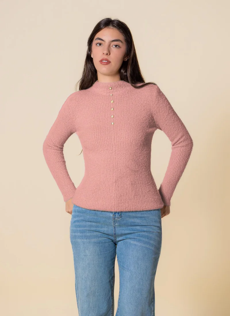 SHAPES DETAILED KNIT HIGH NECK TOP