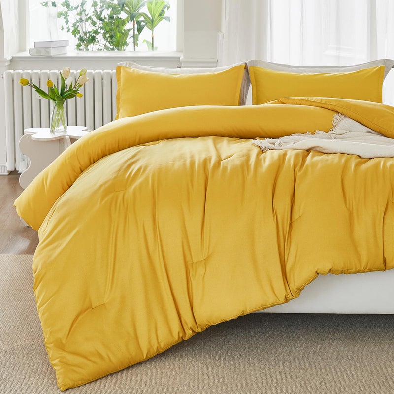 Litanika Litanika Mustard Yellow Comforter Set California King Size  3 Pieces Cal King Lightweight Solid Bedding Comforter Set  All Season Fluffy Bed Set (104x96In Comforter & 2 Pillowcases)  - Image 2