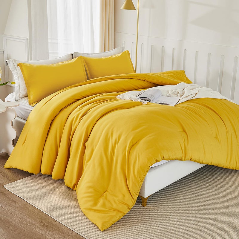 Litanika Litanika Mustard Yellow Comforter Set California King Size  3 Pieces Cal King Lightweight Solid Bedding Comforter Set  All Season Fluffy Bed Set (104x96In Comforter & 2 Pillowcases)  - Image 1